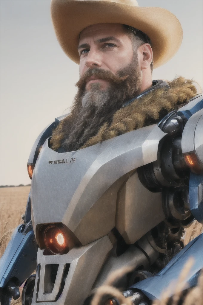 (reelmech: 1.5), CEO portrait photo of a 45 year old man with a big beard, wearing a cowboy hat, cyborg body, in a wheat field (Artwork: 1.2) (photorealistic: 1.2) (bokeh) ( best quality) (detailed skin) (complex) (8K) (hdr) (cinematic lighting) (sharp focus) (clutter: 1.2)