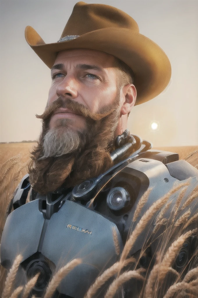 (reelmech: 1.5), CEO portrait photo of a 45 year old man with a big beard, wearing a cowboy hat, cyborg body, in a wheat field (Artwork: 1.2) (photorealistic: 1.2) (bokeh) ( best quality) (detailed skin) (complex) (8K) (hdr) (cinematic lighting) (sharp focus) (clutter: 1.2)