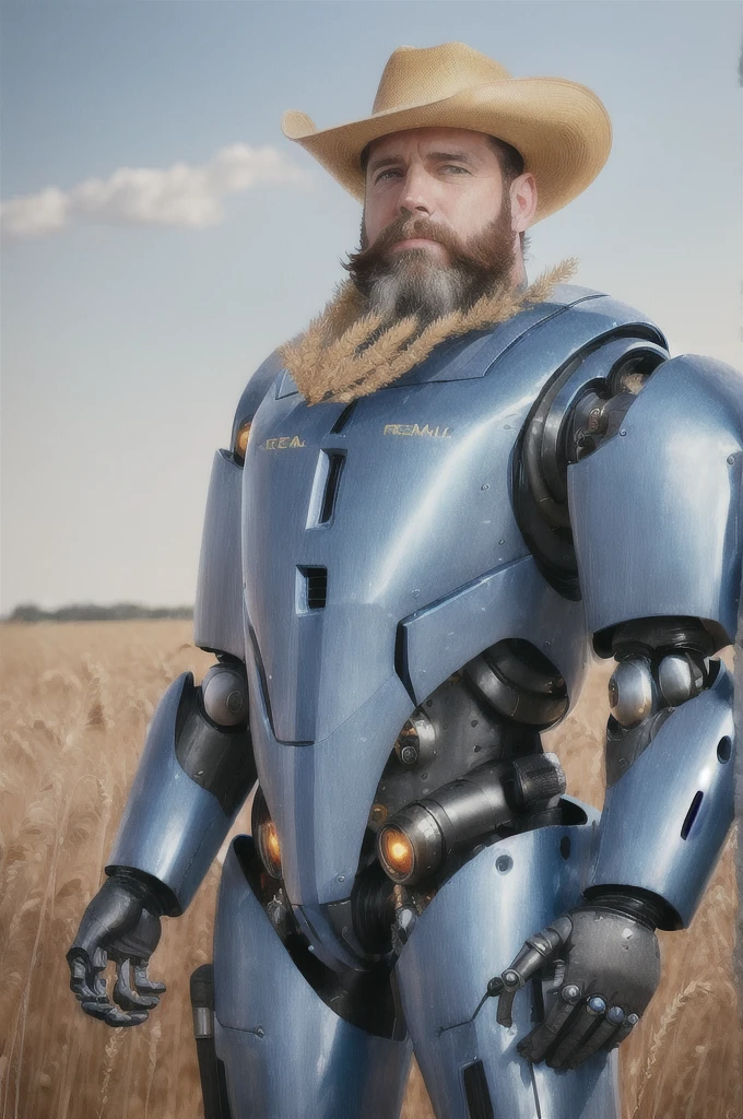 (reelmech: 1.5), CEO portrait photo of a 45 year old man with a big beard, wearing a cowboy hat, cyborg body, in a wheat field (Artwork: 1.2) (photorealistic: 1.2) (bokeh) ( best quality) (detailed skin) (complex) (8K) (hdr) (cinematic lighting) (sharp focus) (clutter: 1.2)