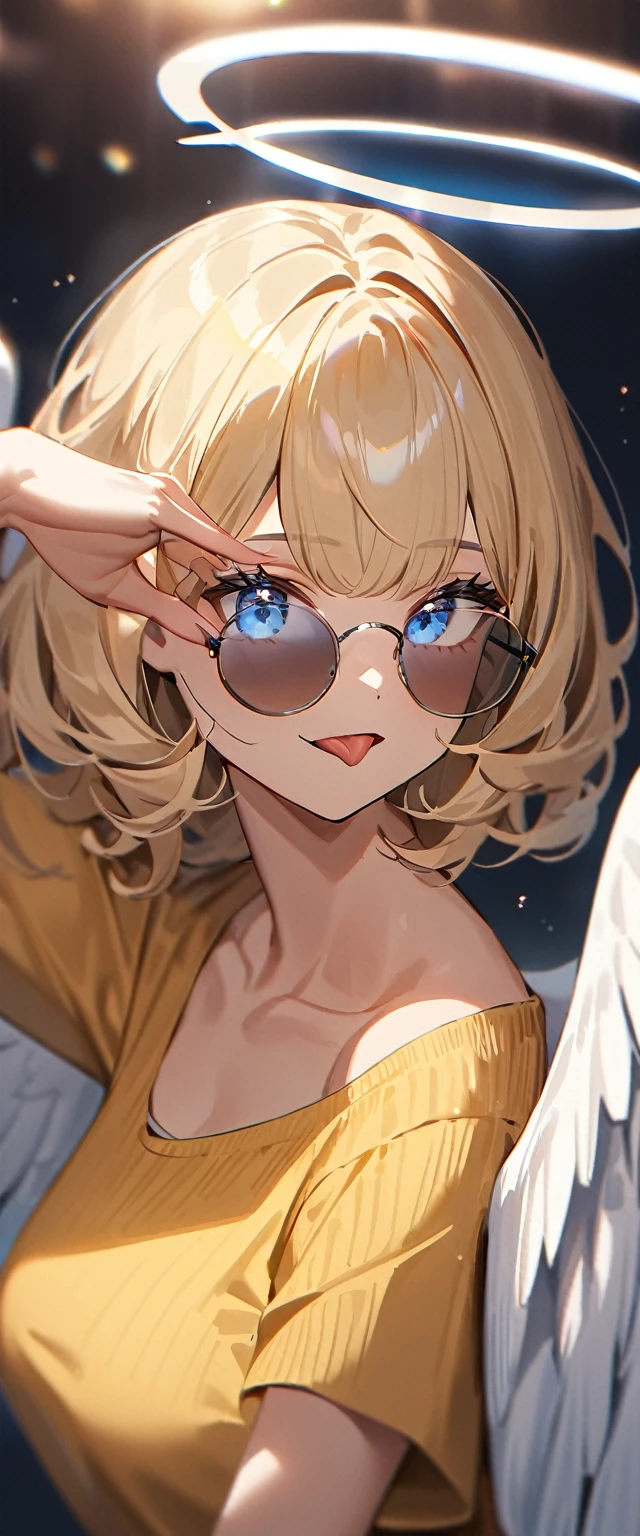 (((One girl))), ((sunglasses, hand to sunglasses)), ((angel, big big white wings:1.2, halo:1.3)), Uriel, ((wavy hair, outward curled hair)), evening, Sunset, open mouth, ((stick out tongue)), ((blond hair, bob cut:1.3)), big breasts, teenager, (looking at viewer), oversized clothes, puffy long sleeves, collarbone, ((off-shoulder sweater dress:1.3, Quite thick shoulder straps)), (((sleeves past wrists:1.3))), ((white sweater)), collarbone, head tilt:1.3, (((blue eye))), ((happy smile)), (((anime style))), (best quality, 4K, 8K, highres, masterpiece:1.2, ultra-detailed, ultra-detailed eyes, HDR, uhd, studio lighting, ultra-fine painting, sharp focus, physically-based rendering, extreme detail description, professional, vivid colors, bokeh), ((Highest quality, Best image quality, Ultra-high resolution, Ultra-high resolution, solo, Strong eye highlights)), Depth of written boundary, Natural soft light, attractive, Beautiful Face, Cleanliness, Pure Face, medium chest, Beautiful Face, Perfect Fingers, Perfect hands, Perfect body, Perfect Face, Shine a light into your eyes, Perfect Anatomy