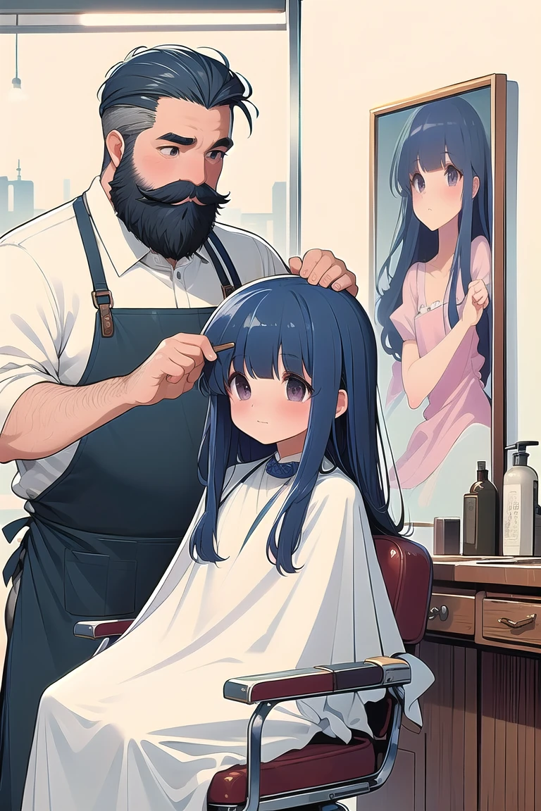 (((masterpiece))), (((Highest quality))), (((Half Body))), (((close))), ((Retro Barber Shop)), ((Two people)), ((A fat man with beard and dark hair wearing an apron、Has a mini comb for combing hair。)), ((A girl in a white cloth is sitting on a swivel chair)), window, mirror, Portrait poster, Faded red brick wall, Blue Hair, Long Hair, blunt bangs, shy, blush, big , shape, ((night)), (((Twilight))),