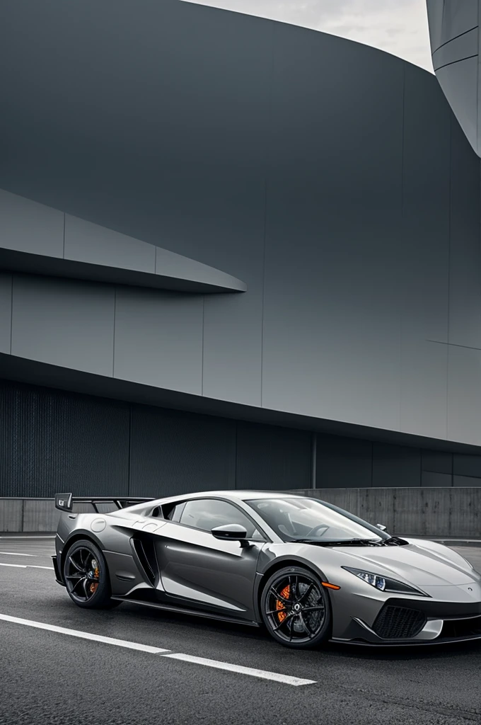 Modern supercar in gray, against the backdrop of the city, different angles, without wing, special running lights