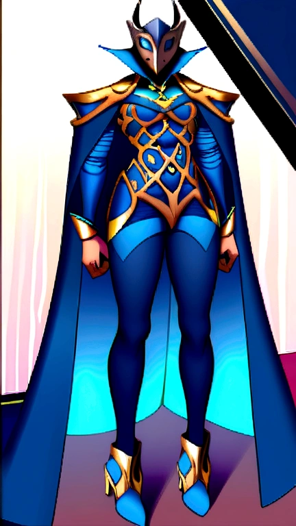 Une super-héroïne avec masque et cape, avec des collants bleus, avec ceinture jaune,