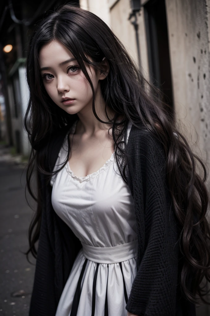 anime sarada curly hair dress V cuts walking in.ima dark street gloomy scared style photo realism, Fully detailed drawing in black and black and only the red eyes