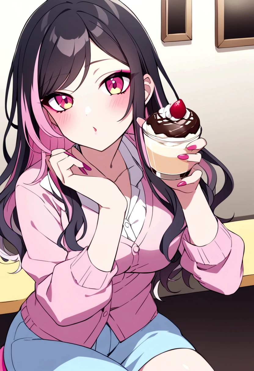 a girl with black hair with pink highlights, you are dark, gyaru makeup, with hime gyaru clothes being in a cafe with a dessert in hand and gyaru accessories 