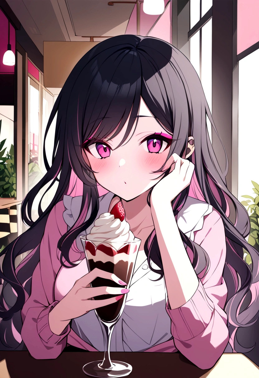 a girl with black hair with pink highlights, you are dark, gyaru makeup, with hime gyaru clothes being in a cafe with a dessert in hand and gyaru accessories 