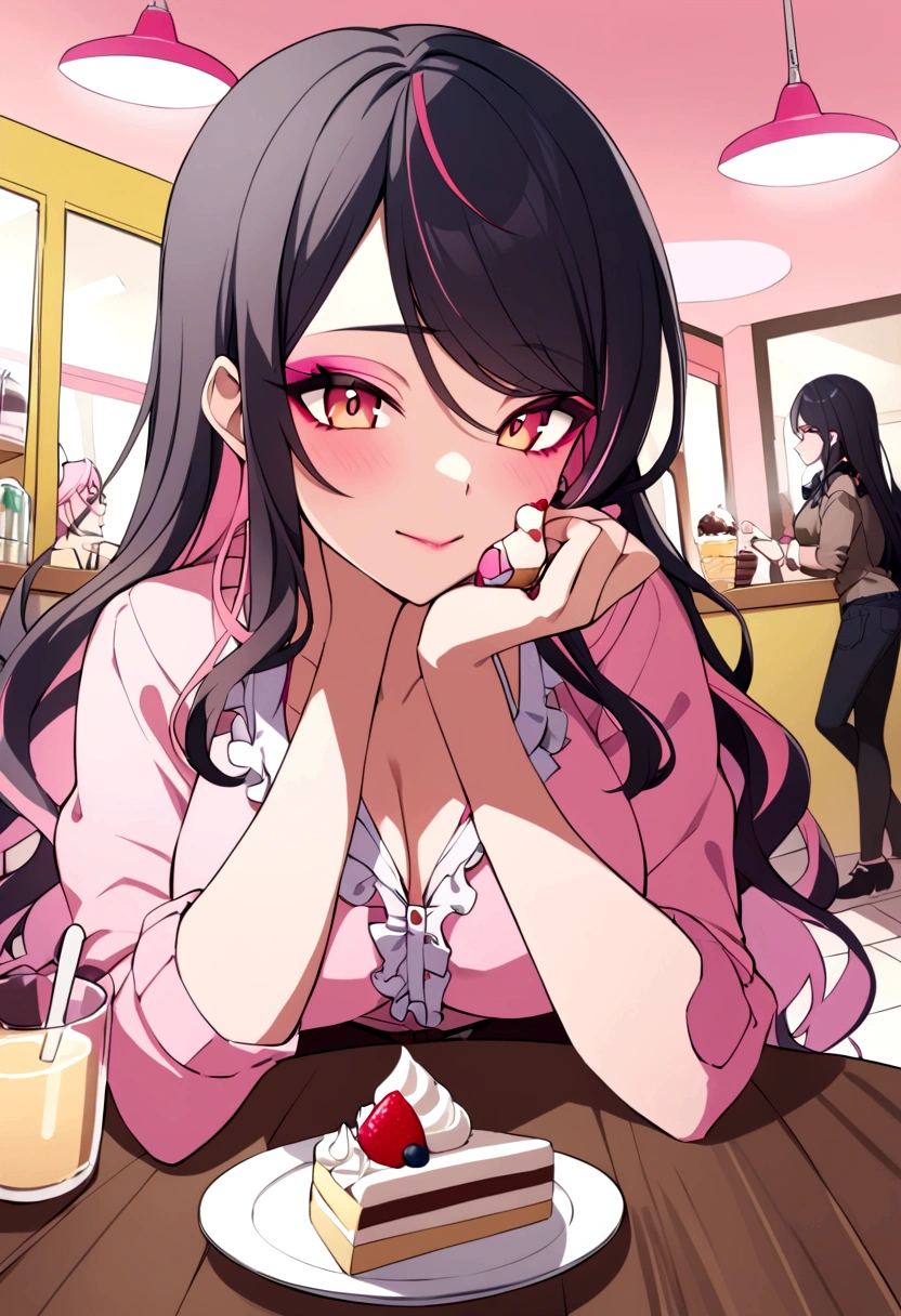 a girl with black hair with pink highlights, you are dark, gyaru makeup, with hime gyaru clothes being in a cafe with a dessert in hand and gyaru accessories