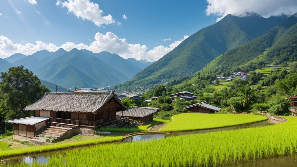 A view of a rice field in the mountains with a gentle breeze blowing from an old house