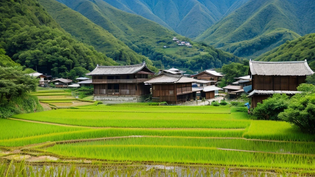 A view of a rice field in the mountains with a gentle breeze blowing from an old house