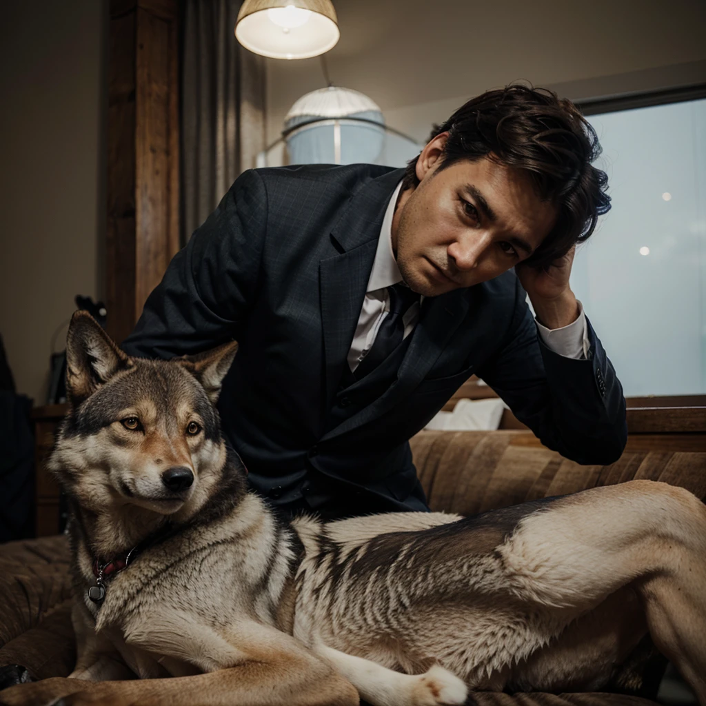 A man in a suit with a wolf's head