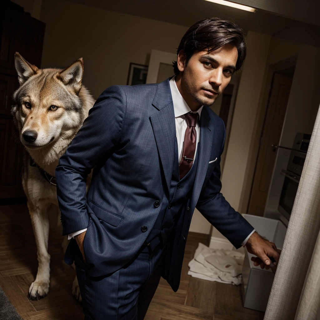 A man in a suit with a wolf's head