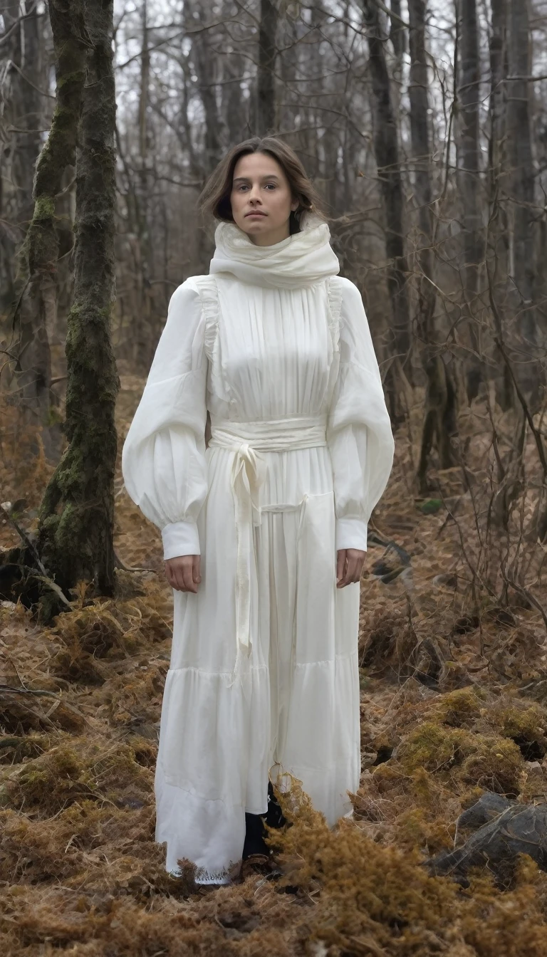 Une représentation d'Eléonore marchant seule dans les bois sombres, ses vêtements devenant de plus en plus blancs et usés, évoquant une transformation progressive en entité spectrale.