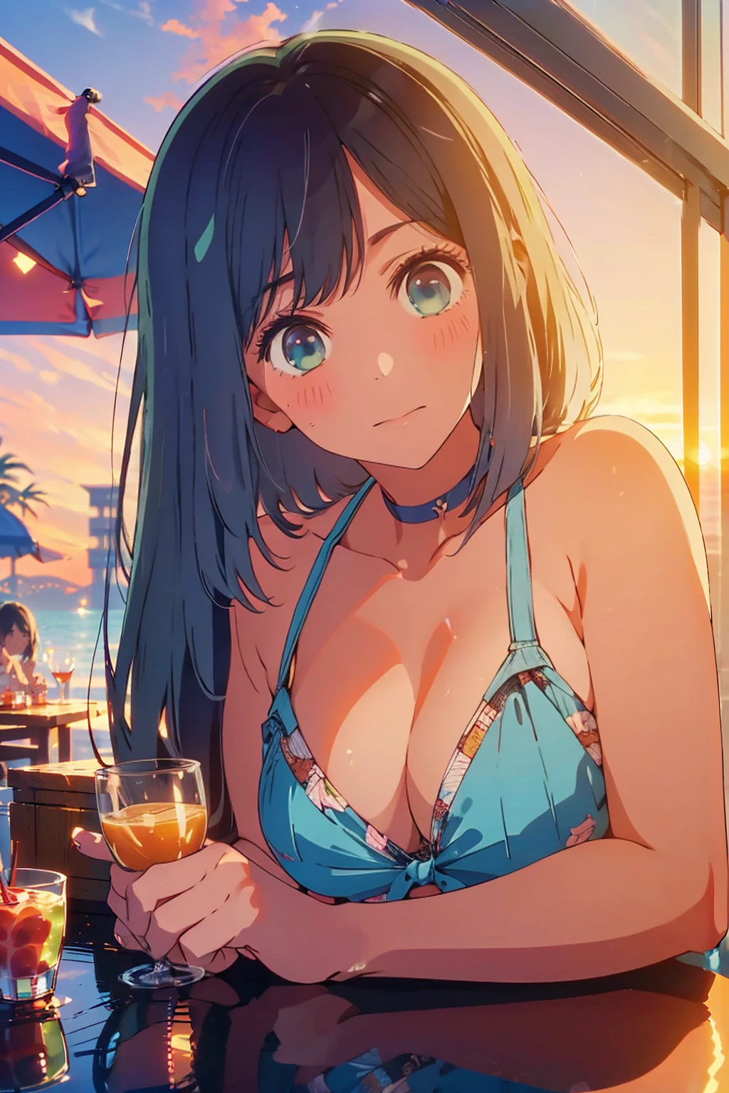 (Highest quality:1.4、masterpiece:1.4、Super detailed:1.4、8K:1.4)、F cup bust、Big Breasts、Slim body、((((1 person、sit、In the background are the urban buildings of Tokyo、looking at the camera、Outdoor café terrace、coastal、Navy hair color、Shooting from an angle、juice、table、Sunset Beach、sunset、Very cute face))))、(((bikini)))、Big eyes、((((Shallow depth of field))))、Holding a glass
