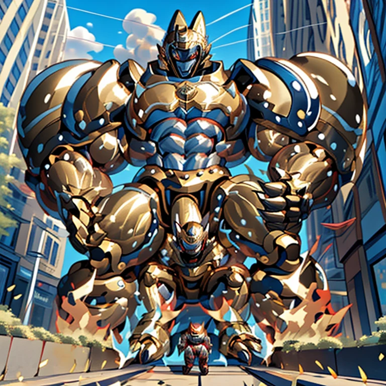 (Solo. masterpiece. official art. 8k. best quality. detailed full body. full body.)
(situation 1 : dominating Shiny_Mega_Lucario. Shiny_Mega_Lucario is over 1000 meters long. focus GIANT mechanical Muscular Shiny_Mega_Lucario is trampling the city. Looking down. macro. stomp. Low-angle perspective. emphasizing the immense size.)

(situation 2 :smoke and flames rising from the destruction in the city)

(Additional details 1: wearing a full-face helmet. golden armor. Armored Flazzard. Armored_Flazzard. high-tech bio-mecha armor. real texture material. whole body shines like metal. Wearing cyberpunk mecha. emphasizes the muscles. suit fully made of metal. intricate armor. Robotic suit. suit fully made of metal. cyborg. He is wearing a golden cloak.).  (medieval armor : 0.8)

(Additional details 2: (Detailed head. Detailed Body. Detailed abs. gigantic muscles. HYPER MUSCLES. Gigachad Muscular. big muscle. pecs. triceps. traps. unusually developed muscular body. body full of huge muscles. showing off muscles. pectorales enormes. Exaggeratedly huge muscles. huge muscles. long legs.).

(Additional details 3: Spread wings. It has wings. have big wings. The claws are sharp. Sharp teeth).

(Additional details 4: golden hyper penis. hyper golden penis. big penis)  (Hyper Muscles : 1.2) 