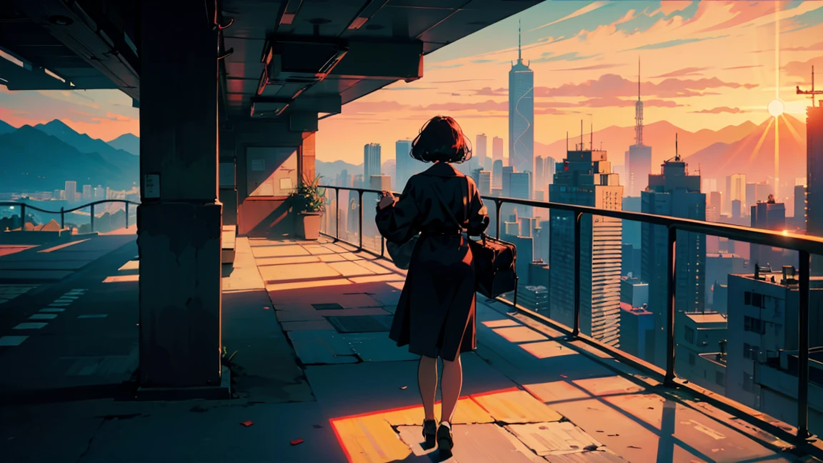 Hongkong, The view from Victoria Peak, Back view of a woman leaning against a fence, skyscraper, Traveler, It has a nice atmosphere, Adult women ,Perfect Face, smile, (Backlight: 1.1), A scene from a movie, Soft Shadows, masterpiece, Highest quality, Complex, Model shooting style, Film Grain, Wide Shot、Red lipstick、Blue tones