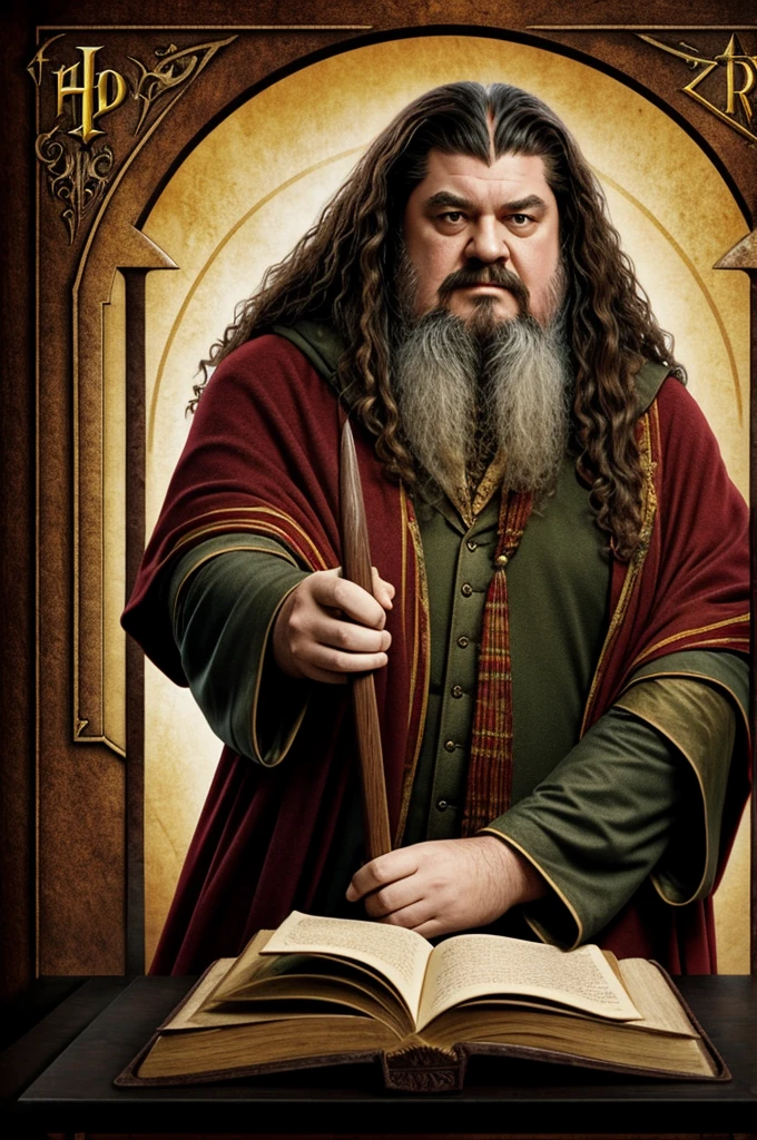 Hagrid from Harry Potter with his Gryffindor cloak and wand on a book cover.