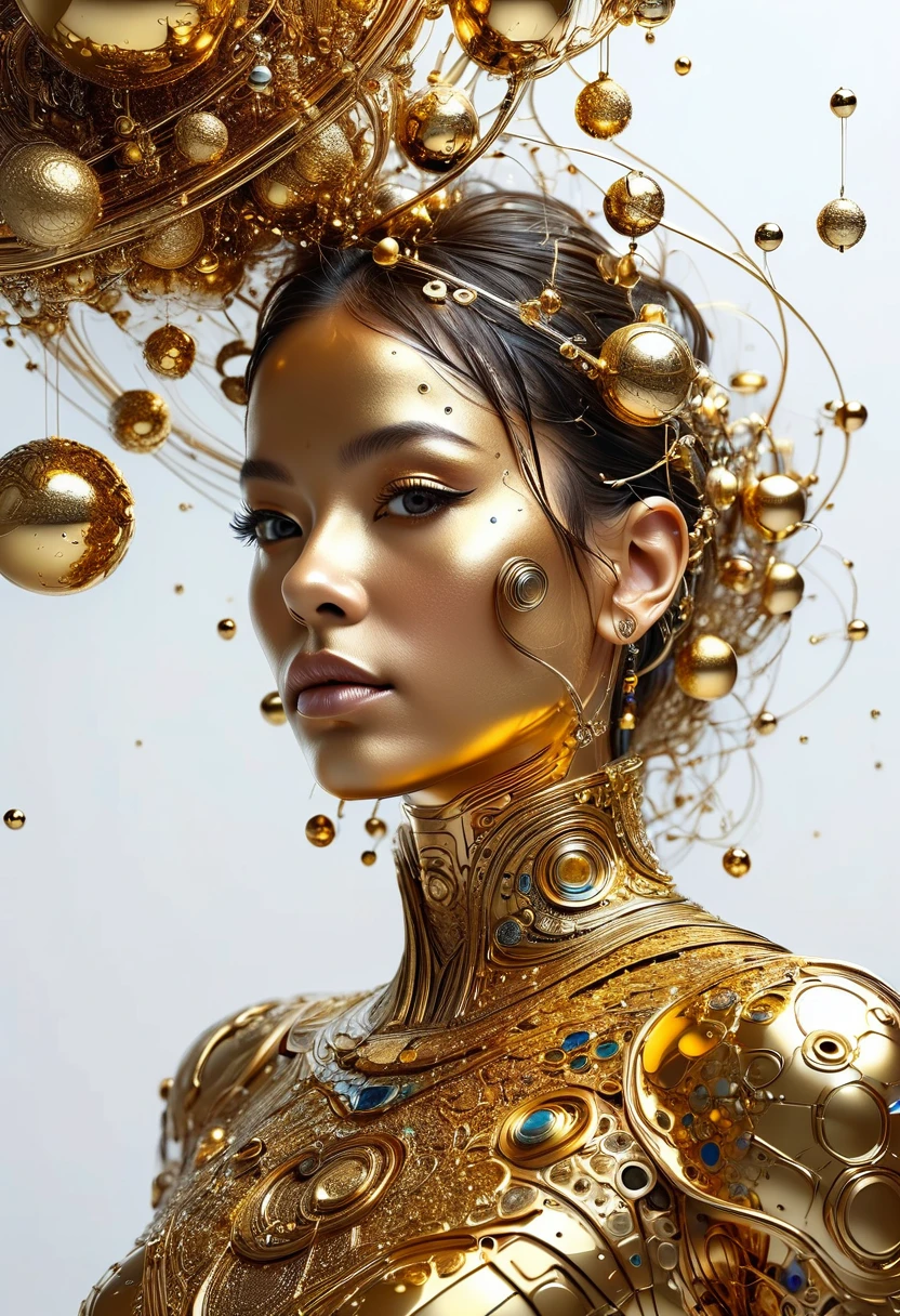 a highly detailed and intricate 3D portrait of a person, golden color, surrounded by many orbiting planets with complex planetary decorations, studio lighting, white background，Simple and clean，Light and Shadow，