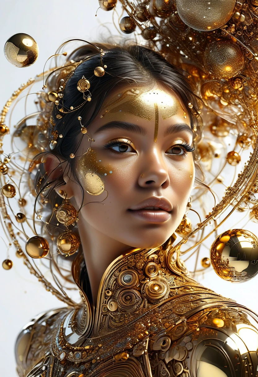 a highly detailed and intricate 3D portrait of a person, golden color, surrounded by many orbiting planets with complex planetary decorations, studio lighting, white background,Simple and clean,Light and Shadow,