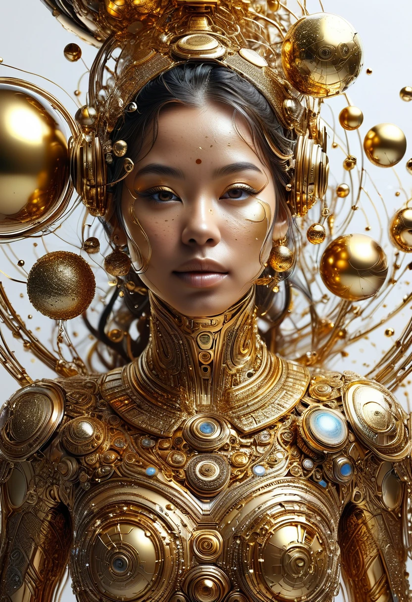 a highly detailed and intricate 3D portrait of a person, golden color, surrounded by many orbiting planets with complex planetary decorations, studio lighting, white background,Simple and clean,Light and Shadow,