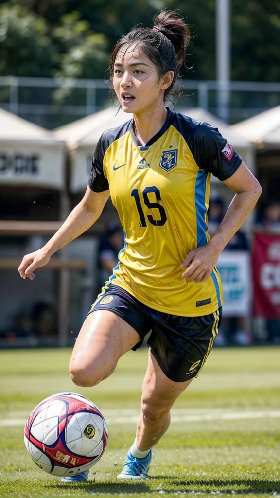 (Highest quality, High resolution:1.2, Super detailed, Realistic:1.37), Beautiful woman、Big Breasts、Vibrant colors, play soccer, Wet Hair, Concentration, Splash, Action Shots, Grass blotches, Muddy ground, Wet turf, Decide, Fast-paced games, Athletic physique, Shiny soccer ball, Wet Uniform, raindrop, Blurred motion, Focus on the ball, Intense competition, Skillful dribbling, Energetic play, Teamwork, powerful shoots, Wet pitch, Passionate sports, Fierce Decide, Humid atmosphere, Fluid movement, emotional expression, Difficult conditions, Dramatic lighting, Women's Sports, Avid athletes, Exciting Games, endure, Excited state, Speed and agility, Energetic play, 濡れたSplash