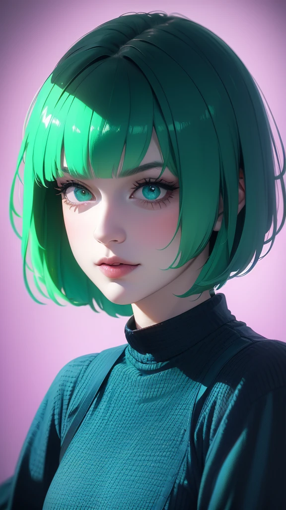 1girl,green eyes,purple hair,short hair,gigantic breast,, long sleeve shirt,extremely detailed eyes and face,longeyelashes,beautiful detailed lips,masterpiece,ultra-detailed,realistic,HDR,UHD,studio lighting,vivid colors,high quality,best quality,4k,8k,highres,masterpiece:1.2,professional,blue background