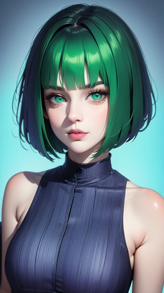1girl,green eyes,purple hair,short hair,gigantic breast,, long sleeve shirt,extremely detailed eyes and face,longeyelashes,beautiful detailed lips,masterpiece,ultra-detailed,realistic,HDR,UHD,studio lighting,vivid colors,high quality,best quality,4k,8k,highres,masterpiece:1.2,professional,blue background