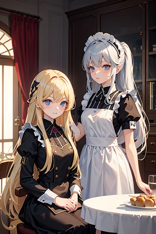 masterpiece, Highest quality, High resolution，Follow the on-screen instructions、Anime Style、Two girls on the screen、Maid、A beautiful girl with long blonde hair and a beautiful girl with long silver hair、