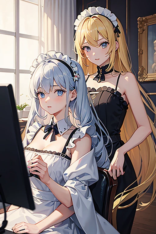 masterpiece, Highest quality, High resolution,Follow the on-screen instructions、Anime Style、Two girls on the screen、Maid、A beautiful girl with long blonde hair and a beautiful girl with long silver hair、