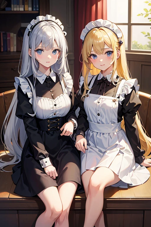 masterpiece, Highest quality, High resolution,Follow the on-screen instructions、Anime Style、Two girls on the screen、Maid、A beautiful girl with long blonde hair and a beautiful girl with long silver hair、