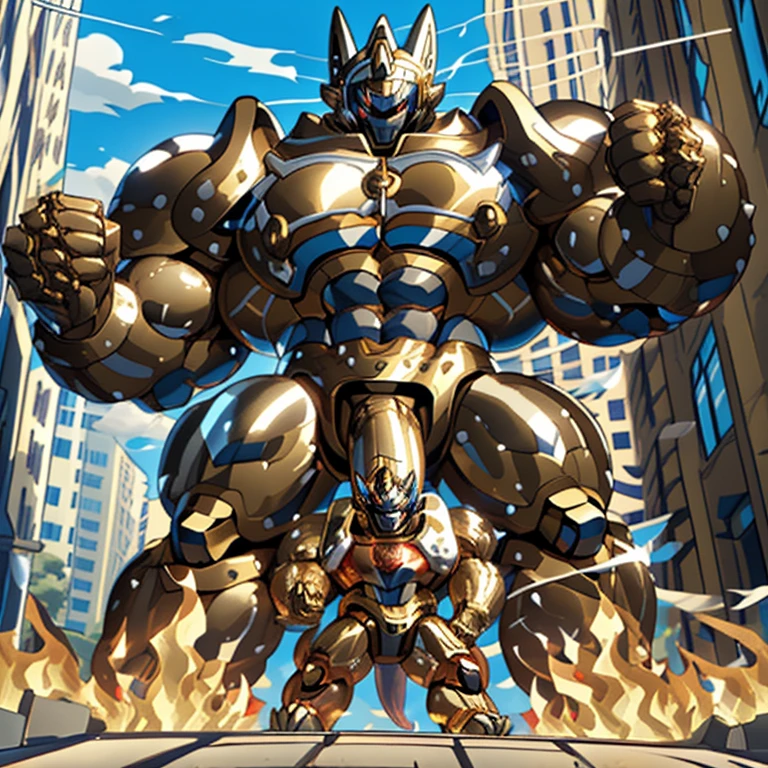 (Solo. masterpiece. official art. 8k. best quality. detailed full body. full body.)
(situation 1 : dominating Shiny_Mega_Lucario. Shiny_Mega_Lucario is over 1000 meters long. focus GIANT mechanical Muscular Shiny_Mega_Lucario is trampling the city. Looking down. macro. stomp. Low-angle perspective. emphasizing the immense size.)

(situation 2 :smoke and flames rising from the destruction in the city)

(Additional details 1: wearing a full-face helmet. golden armor. Armored Flazzard. Armored_Flazzard. high-tech bio-mecha armor. real texture material. whole body shines like metal. Wearing cyberpunk mecha. emphasizes the muscles. suit fully made of metal. intricate armor. Robotic suit. suit fully made of metal. cyborg. He is wearing a golden cloak.).  (medieval armor : 0.8)

(Additional details 2: (Detailed head. Detailed Body. Detailed abs. gigantic muscles. HYPER MUSCLES. Gigachad Muscular. big muscle. pecs. triceps. traps. unusually developed muscular body. body full of huge muscles. showing off muscles. pectorales enormes. Exaggeratedly huge muscles. huge muscles. long legs.).

(Additional details 3: Spread wings. It has wings. have big wings. The claws are sharp. Sharp teeth).

(Additional details 4: golden hyper penis. hyper golden penis. big penis)  (Hyper Muscles : 1.2) 