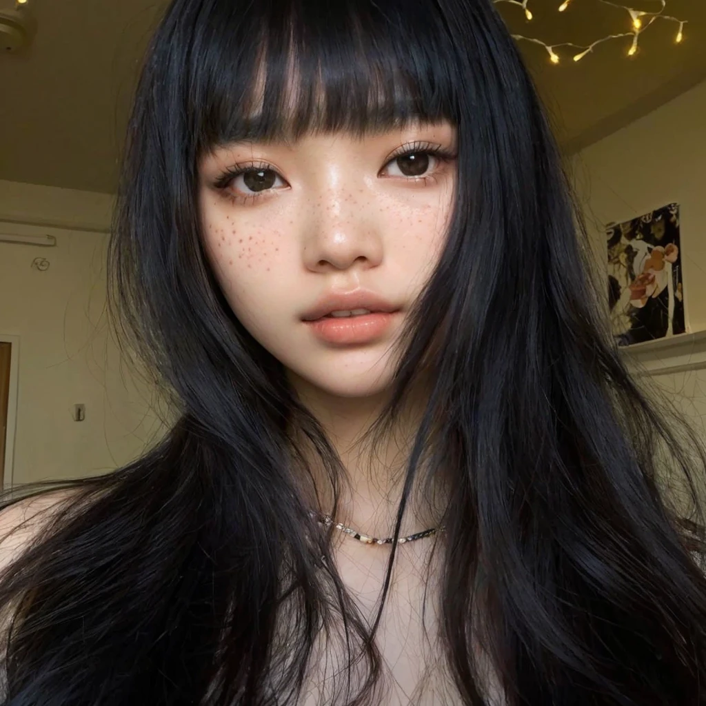 a close up of a woman with long black hair and freckled hair, she has black hair with bangs, black hime cut hair, asian face, detailed face of a asian girl, beautiful asian girl, asian features, young cute wan asian face, asian girl, black bangs, long black hair with bangs, neat hair with bangs, black hair and white bangs