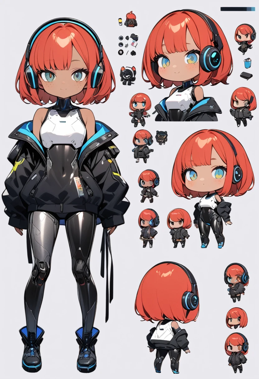 full body, reference sheet, front, back,1 girl, Android girl, cyberpunk, chibi emote, chibi character, (cute:1.3),red Hair, left eye yellow, right eye blue, tan skin, freckles｛White breastplate, Black futuristic headphones, Mechanical black glossy metallic Bodysuit, Bare shoulders, oversized jacket, Glossy, shiny material｝