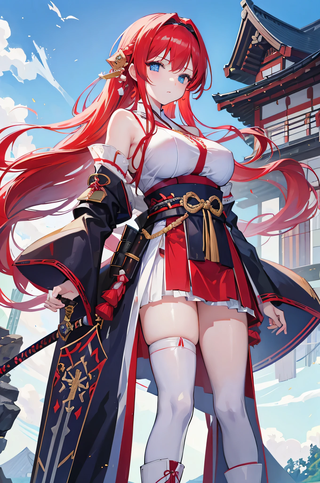 4K,High resolution,One Woman,Red Hair,long hair,Braid,Blue Eyes,Big Breasts,samurai,White sacred armor,White boots,Black fishnet stockings,hair band,Jewelry decoration,Gold decoration,Japanese sword,Medieval castle town,In front of the castle,Morning sky