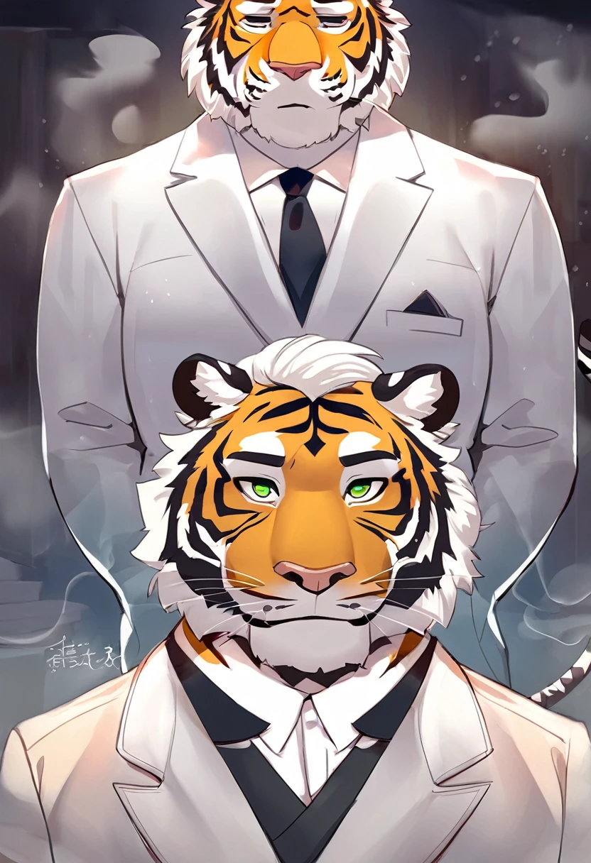 Tiger,personification,Mature male,Disciple,flirty expression,Green pupils,Black eyebrows,White suit suit,Hands in pockets,The Age of Steam,Lively bar。