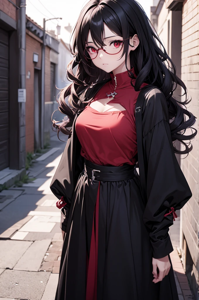 anime sarada curly hair dress V cuts walking in.ima dark street gloomy scared style photo realism, Fully detailed drawing in black and black and only the red eyes