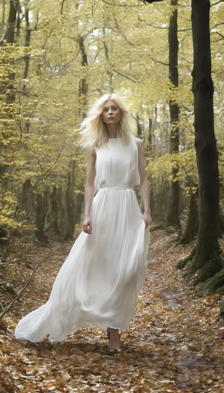 Une représentation d'Eléonore marchant seule dans les bois sombres, ses vêtements devenant de plus en plus blancs et usés, évoquant une transformation progressive en entité spectrale, es cheveux blonds flottant au vent