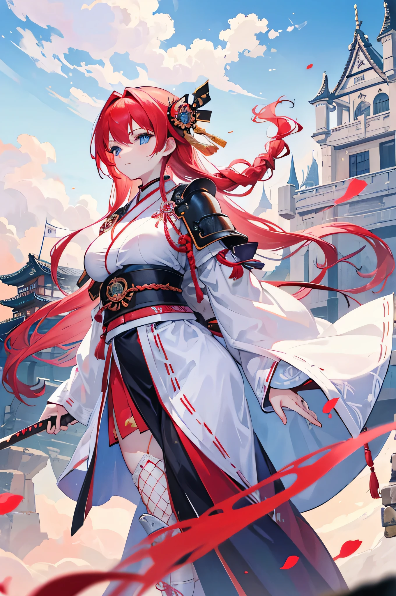 4K,High resolution,One Woman,Red Hair,long hair,Braid,Blue Eyes,Big Breasts,samurai,White sacred armor,White boots,Black fishnet stockings,hair band,Jewelry decoration,Gold decoration,Japanese sword,Medieval castle town,In front of the castle,Morning sky