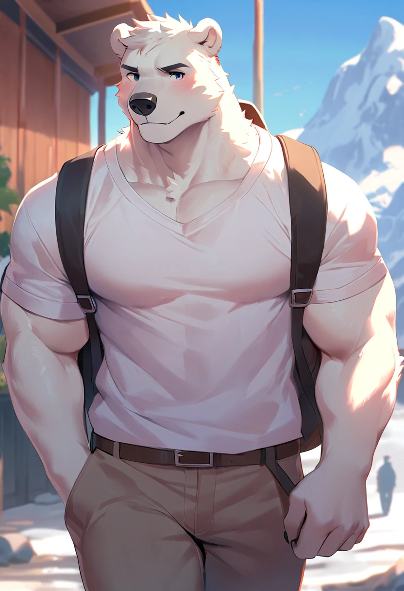 polar bear, 1boy, male, solo, (muscle:0.3), big tits, pecs, shy face, casual clothes, backpack, pan left angle, look away