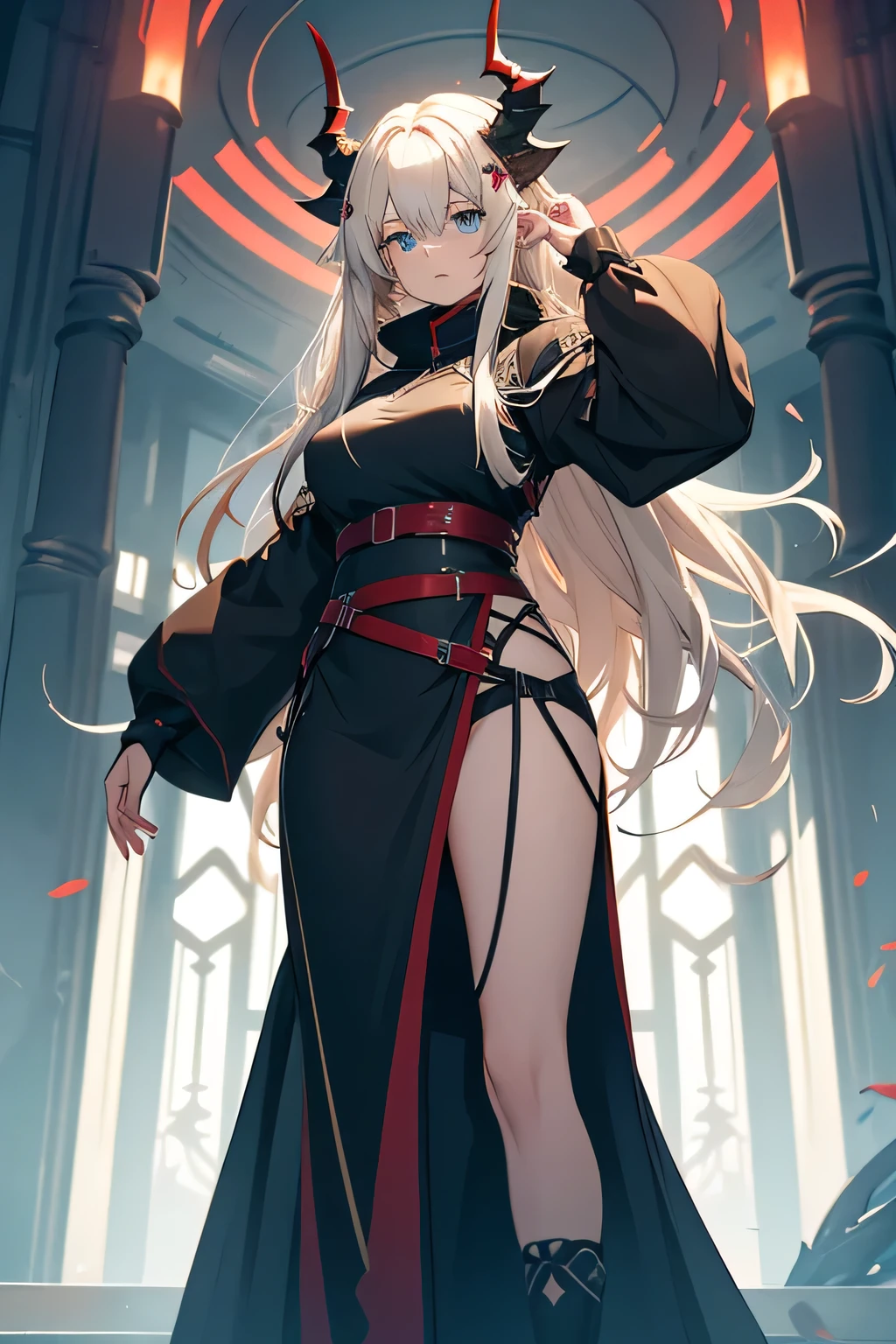 Arknights character Reed, woman with long pale blonde hair, blue-eyed, with black dragon horns pointing up and red dragon tail, wingless, wearing a long green dress