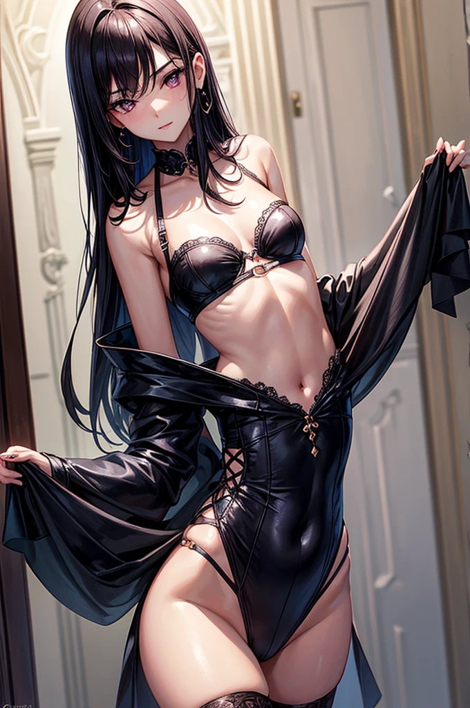 gorgeous, masterpiece, best quality, high-resolution, finely detailed, extremely detailed and beautiful, distinct-image, 1 girl, 16 year old ager, solo, sharp facitures, oval shaped face. cherry pink lips, lightly tanned white skin. velvet-colored eyes, C-cup breasts, tall height(175cm), slim yet chiseled body type, short shoulder length dark violet-black hair, small narrow waist, long and slender legs, curvy wide hips, elegant gothic courtyard setting, crisscross bralette top, stockings