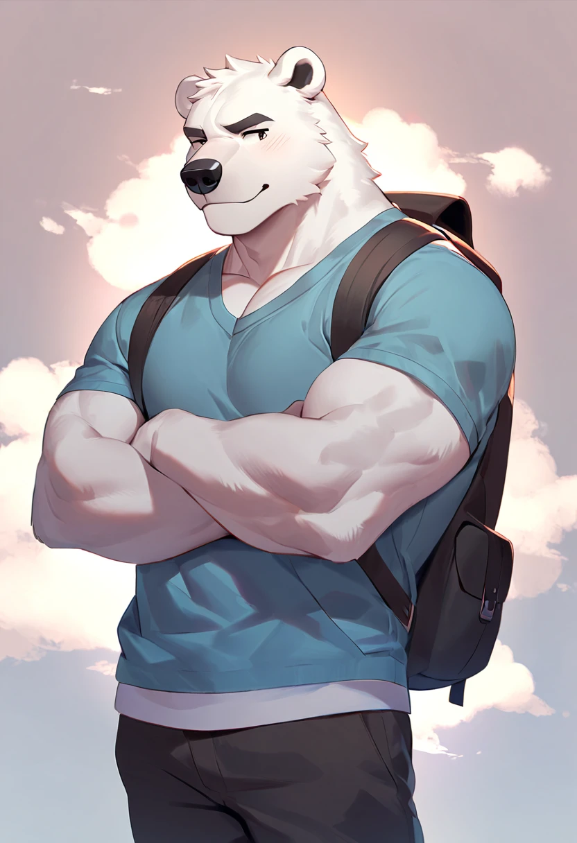 polar bear, 1boy, male, solo, (muscle:0.3), big tits, pecs, shy face, casual clothes, backpack, pan left angle, look away