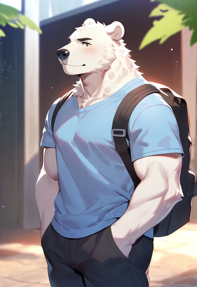 polar bear, 1boy, male, solo, (muscle:0.3), big tits, pecs, shy face, casual clothes, backpack, pan left angle, look away