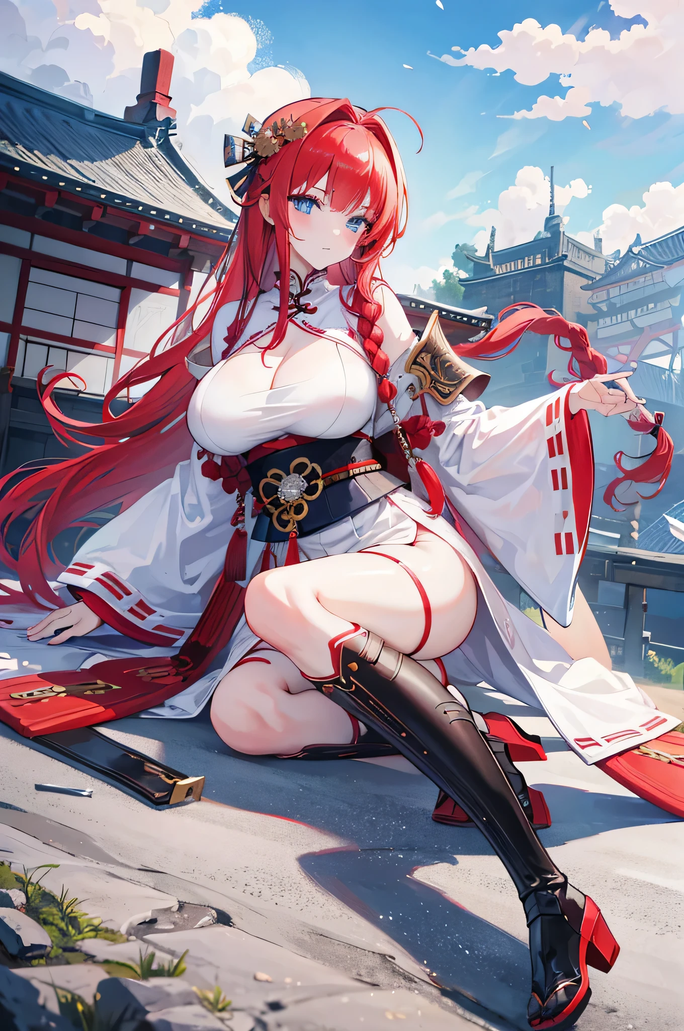 4K,High resolution,One Woman,Red Hair,long hair,Braid,Blue Eyes,Big Breasts,samurai,White sacred armor,White boots,Black fishnet stockings,hair band,Jewelry decoration,Gold decoration,Japanese sword,Medieval castle town,In front of the castle,Morning sky
