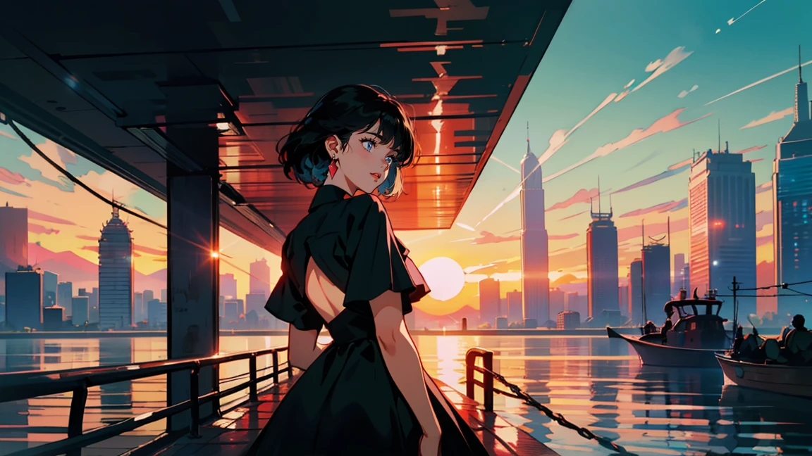 Hongkong, On the boat, Back view of a woman leaning against a fence, skyscraper, Traveler, A dress with atmosphere, Adult women ,Perfect Face, smile, (Backlight: 1.1), A scene from a movie, Soft Shadows, masterpiece, Highest quality, Complex, Model shooting style, Film Grain, Wide Shot、Red lipstick、Blue tones