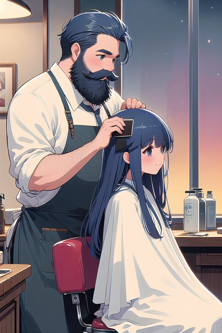 (((masterpiece))), (((Highest quality))), (((From the side))), (((Half Body))), (((close))), ((Retro Barber Shop)), ((Two people)), ((A fat man with a beard wearing an apron、Has a mini comb for combing hair。)), ((A girl in a white cloth is sitting on a swivel chair)), window, mirror, Portrait poster, Faded red brick wall, Blue Hair, Long Hair, shy, blush, smile, big ,  shape, ((night)), (((Twilight))),