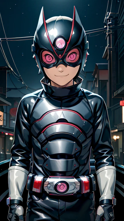 (8k),(masterpiece),(Japanese),(8-year-old boy),((innocent look)),((Childish)),From the front,smile,cute,Innocent,Kind eyes,Flat chest, Sasuke Uchiha,Kamen Rider,black helmet,black superhero mask,camisa,no Hair,night,dark, Neon light cyberpunk Konoha village