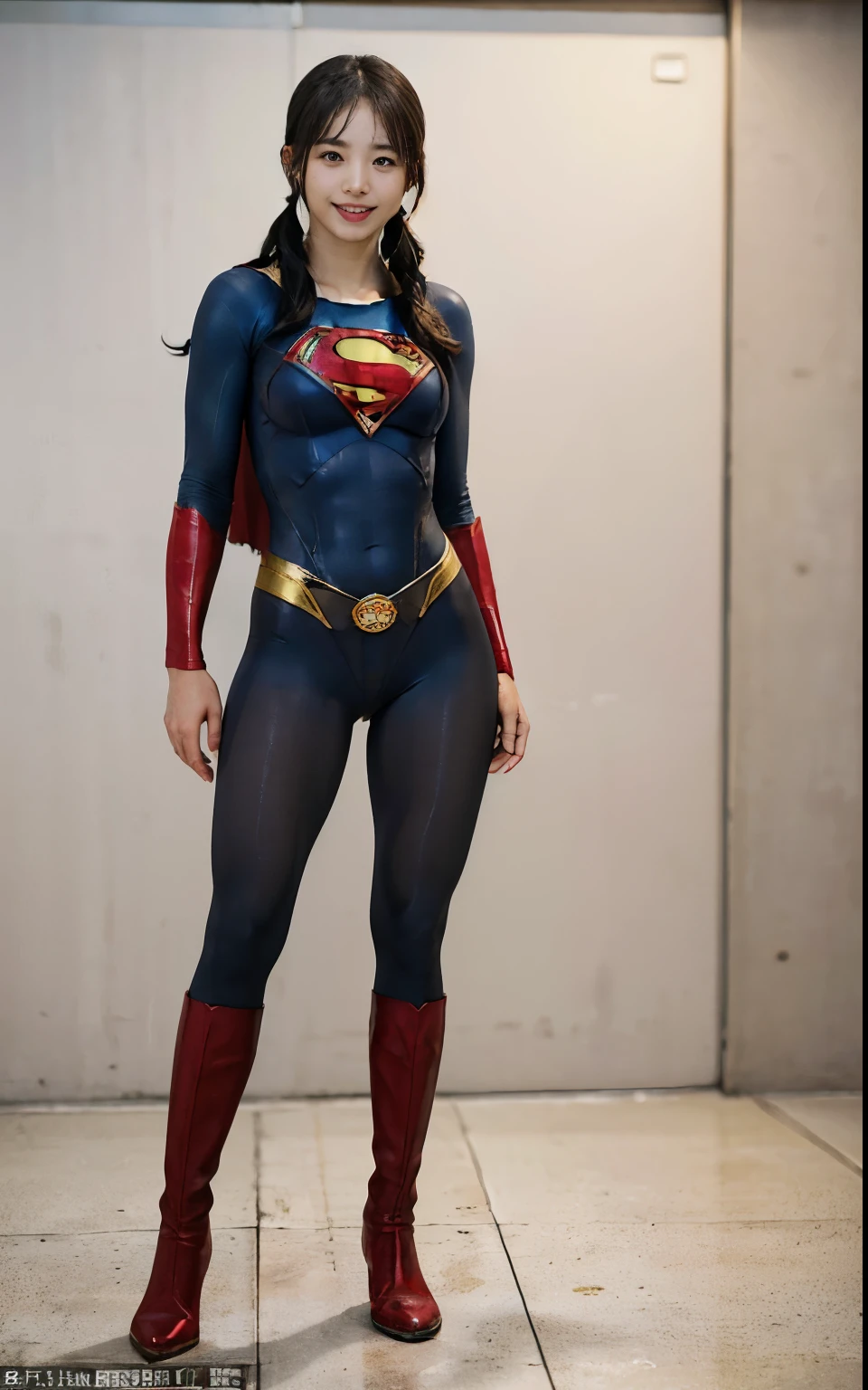 No background、(((Beautiful legs in black tights.)))、(((Legally express the beauty of your smile)))、((((Make the most of your original images)))、(((Supergirl Costume)))、(((Beautiful hair with twin tails)))、(((suffering)))、(((Please wear black tights....、Wear red boots)))、((Best image quality、8K))、((Highest quality、8K、masterpiece:1.3))、(((Preserve background )))、Sharp focus:1.2、Beautiful woman with perfect figure:1.4、Slim Abs:1.2、Wet body:1.5、Highly detailed face and skin texture、8K