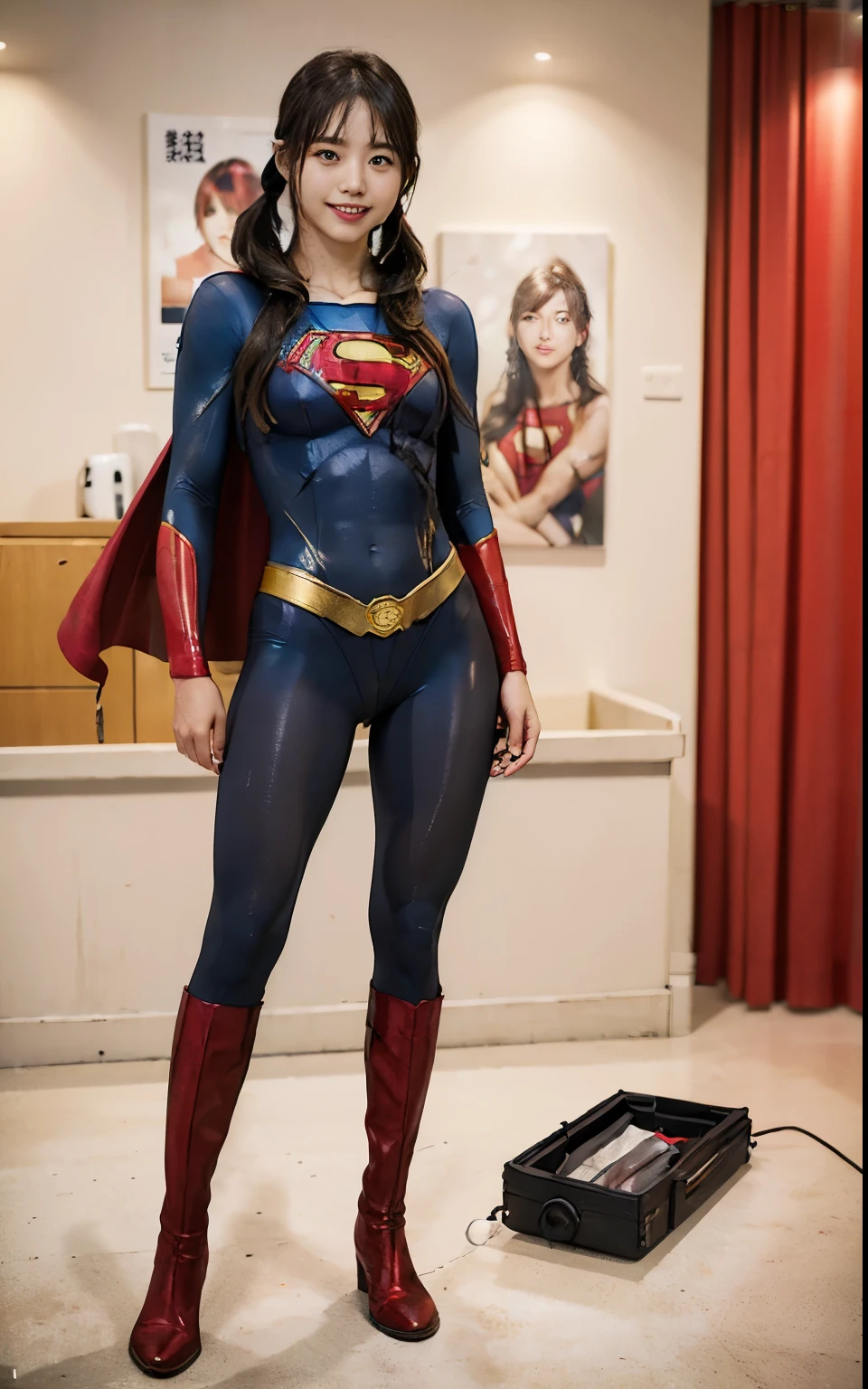 No background、(((Beautiful legs in black tights.)))、(((Legally express the beauty of your smile)))、((((Make the most of your original images)))、(((Supergirl Costume)))、(((Beautiful hair with twin tails)))、(((suffering)))、(((Please wear black tights....、Wear red boots)))、((Best image quality、8K))、((Highest quality、8K、masterpiece:1.3))、(((Preserve background )))、Sharp focus:1.2、Beautiful woman with perfect figure:1.4、Slim Abs:1.2、Wet body:1.5、Highly detailed face and skin texture、8K