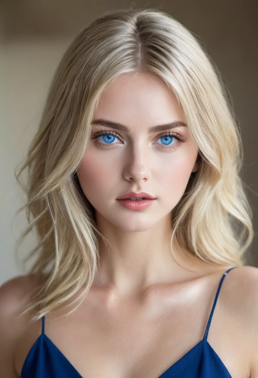 A Model with Blonde Hair and Blue Eyes, with a Seductive Look and Young Appearance, with her beautiful Hair covering part of her Face.