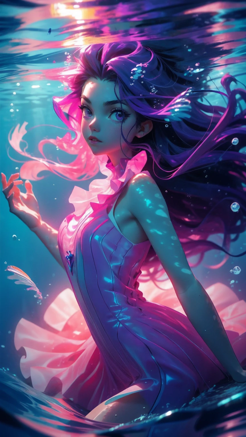 (((underwater))), beautiful young girl, long purple hair, purple dress, water, glowing jellyfish